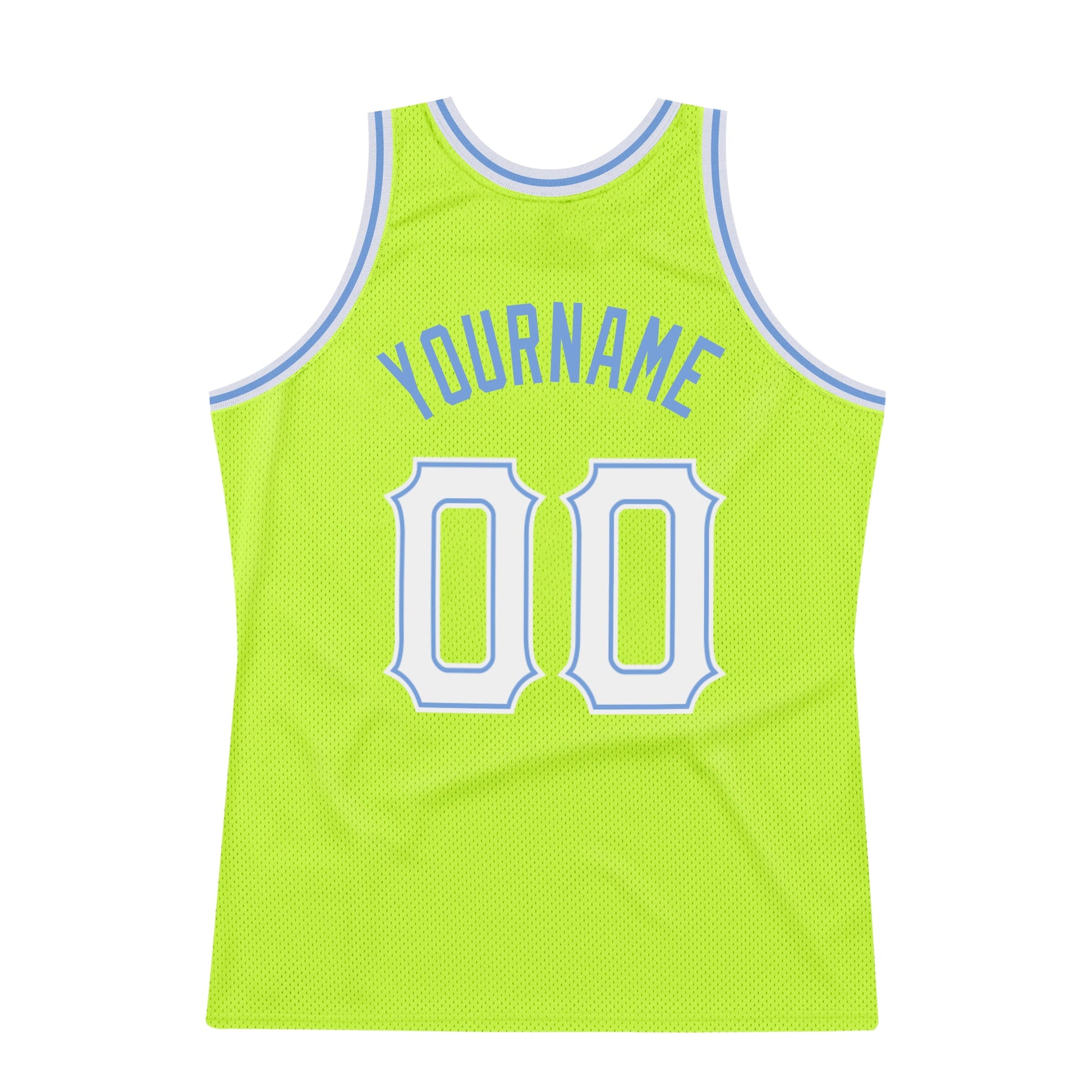 Custom Neon Green White-Light Blue Authentic Throwback Basketball Jersey view 5