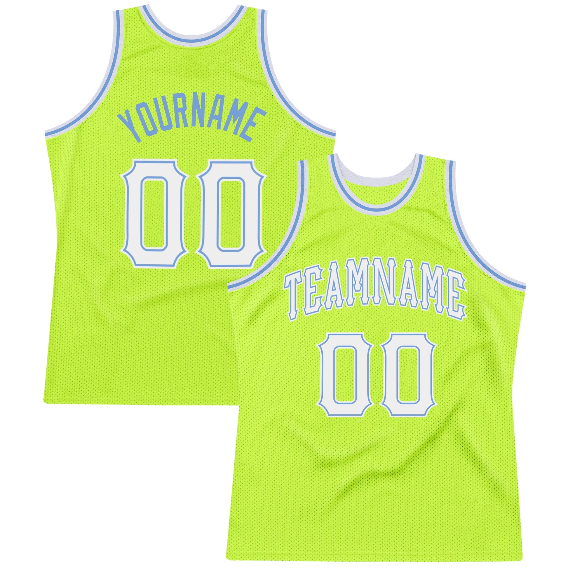 Custom Neon Green White-Light Blue Authentic Throwback Basketball Jersey - Main View