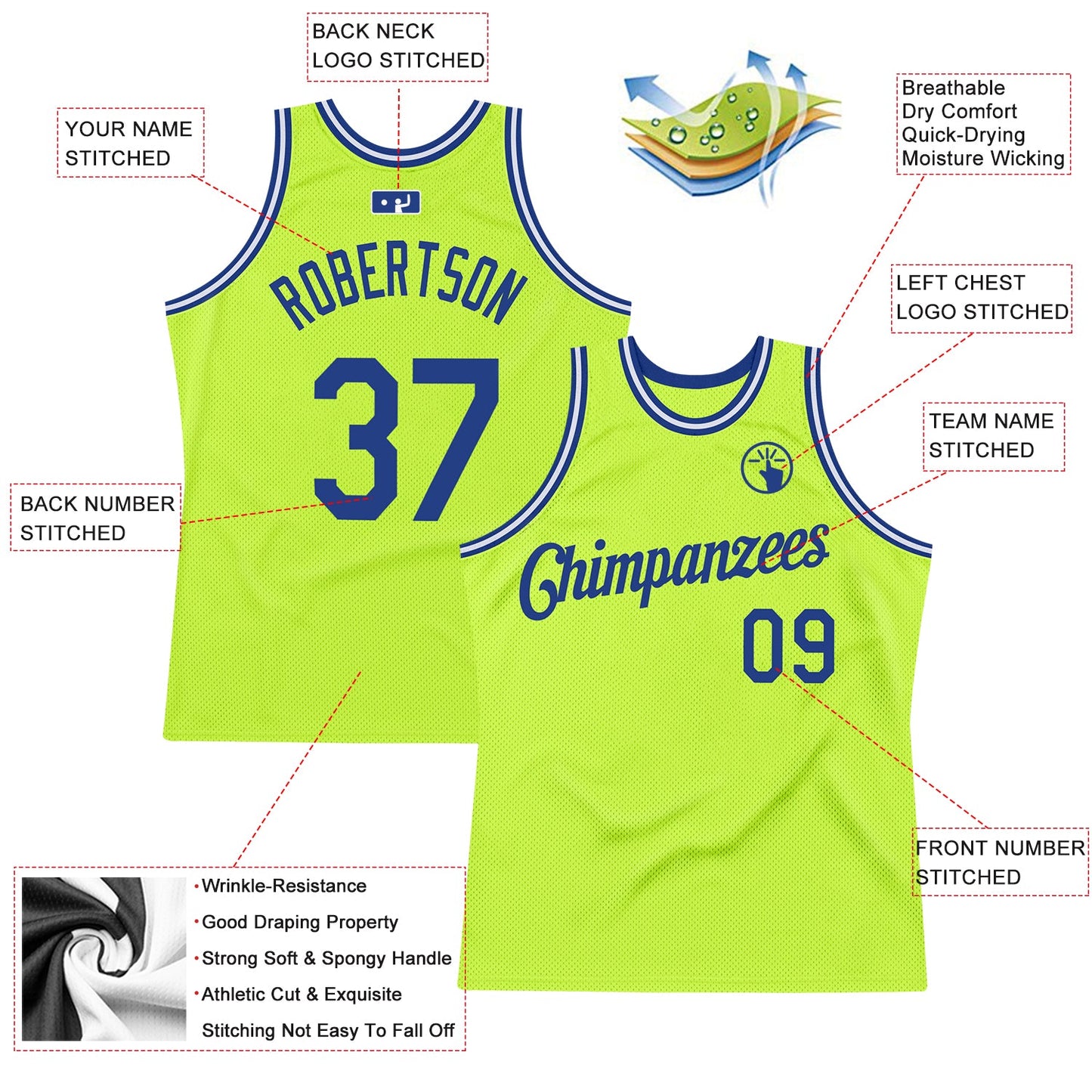 Custom Neon Green Royal-White Authentic Throwback Basketball Jersey view 2