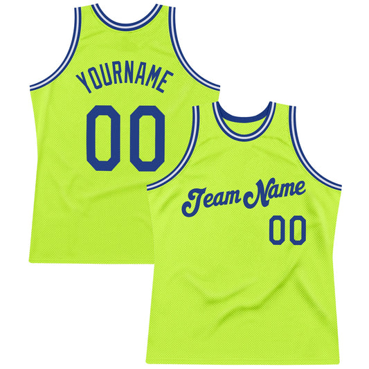 Custom Neon Green Royal-White Authentic Throwback Basketball Jersey - Main View