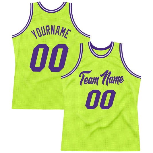 Custom Neon Green Purple-White Authentic Throwback Basketball Jersey - Main View