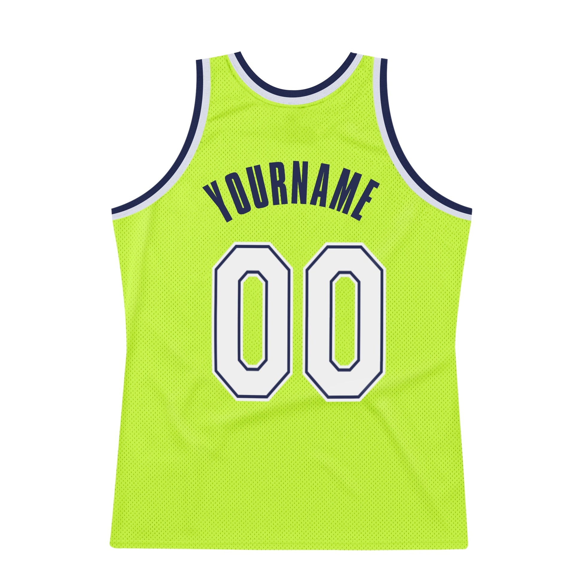 Custom Neon Green White-Navy Authentic Throwback Basketball Jersey view 5