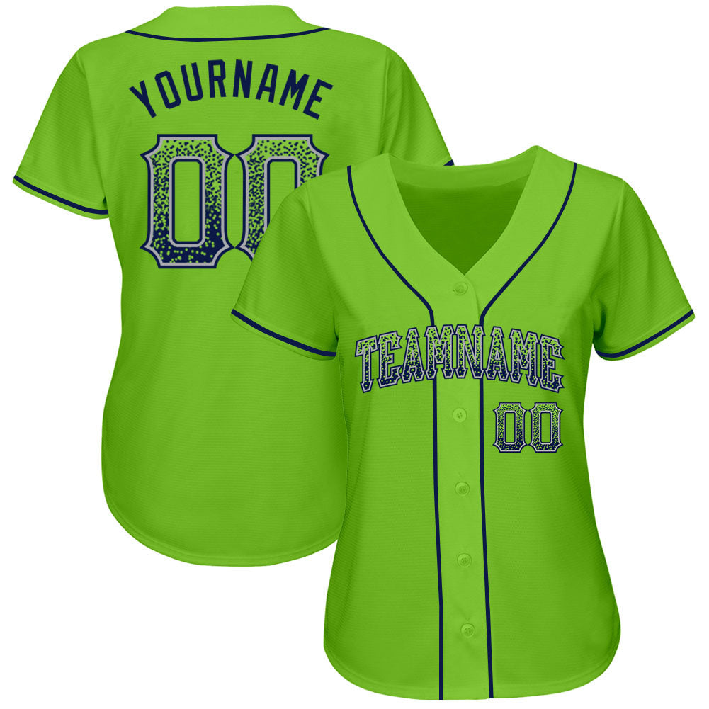 Custom Neon Green Navy-Gray Authentic Drift Fashion Baseball Jersey view 2