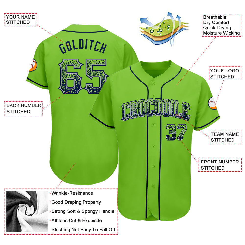 Custom Neon Green Navy-Gray Authentic Drift Fashion Baseball Jersey view 3