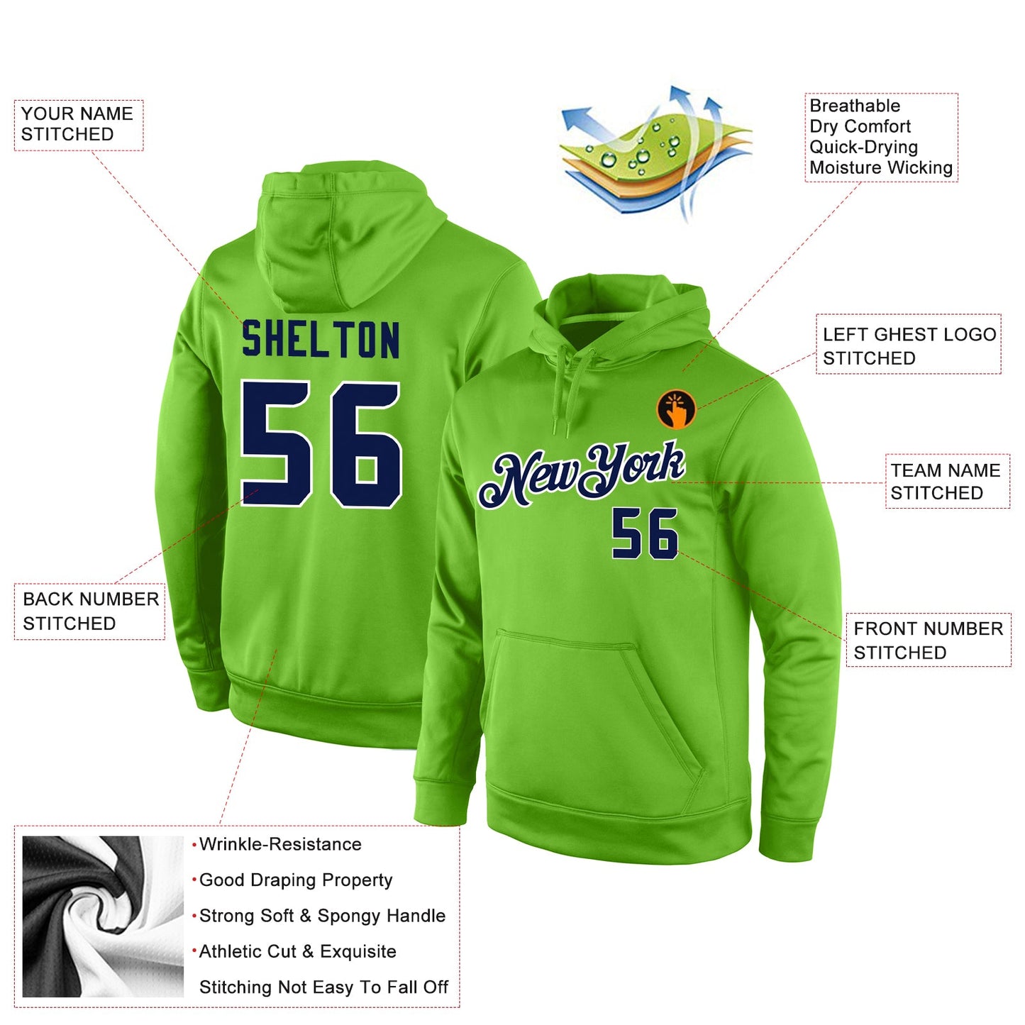 Custom Stitched Neon Green Navy-White Sports Pullover Sweatshirt Hoodie view 4