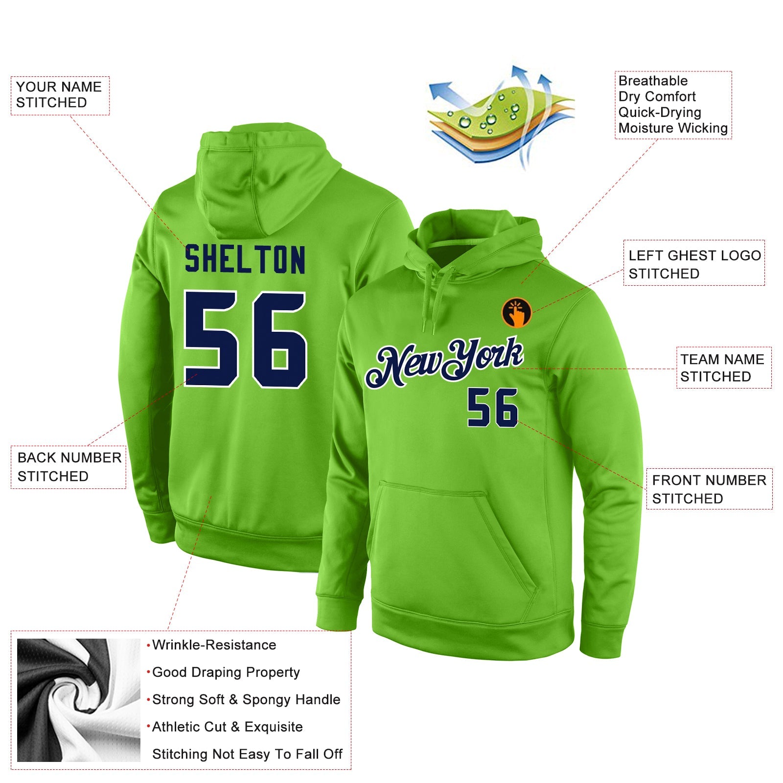 Custom Stitched Neon Green Navy-White Sports Pullover Sweatshirt Hoodie view 4