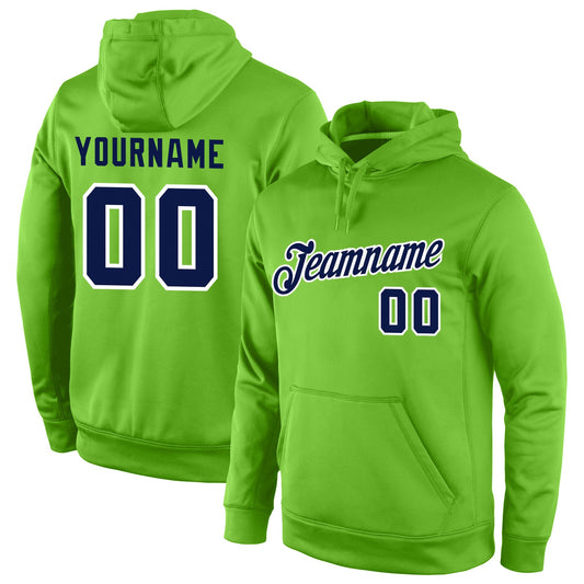 Custom Stitched Neon Green Navy-White Sports Pullover Sweatshirt Hoodie - Main View