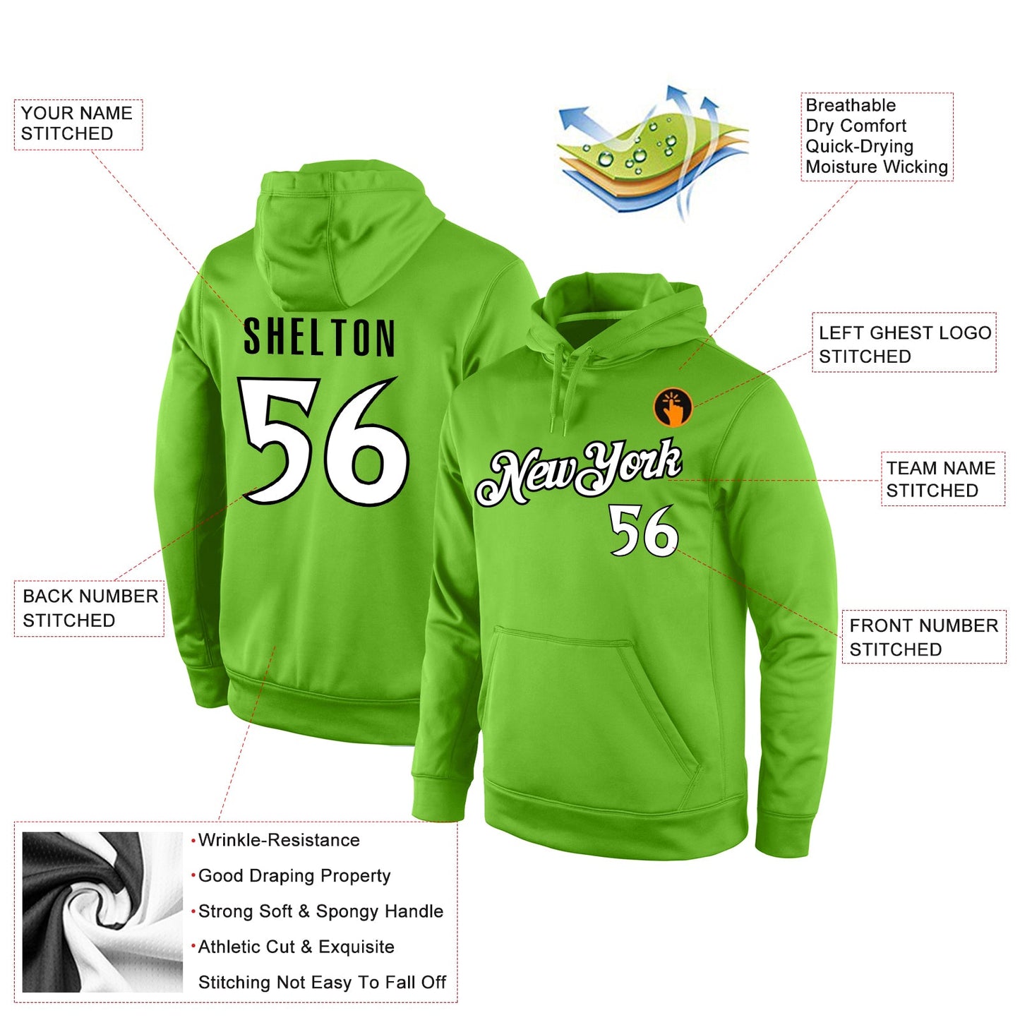 Custom Stitched Neon Green White-Black Sports Pullover Sweatshirt Hoodie view 4