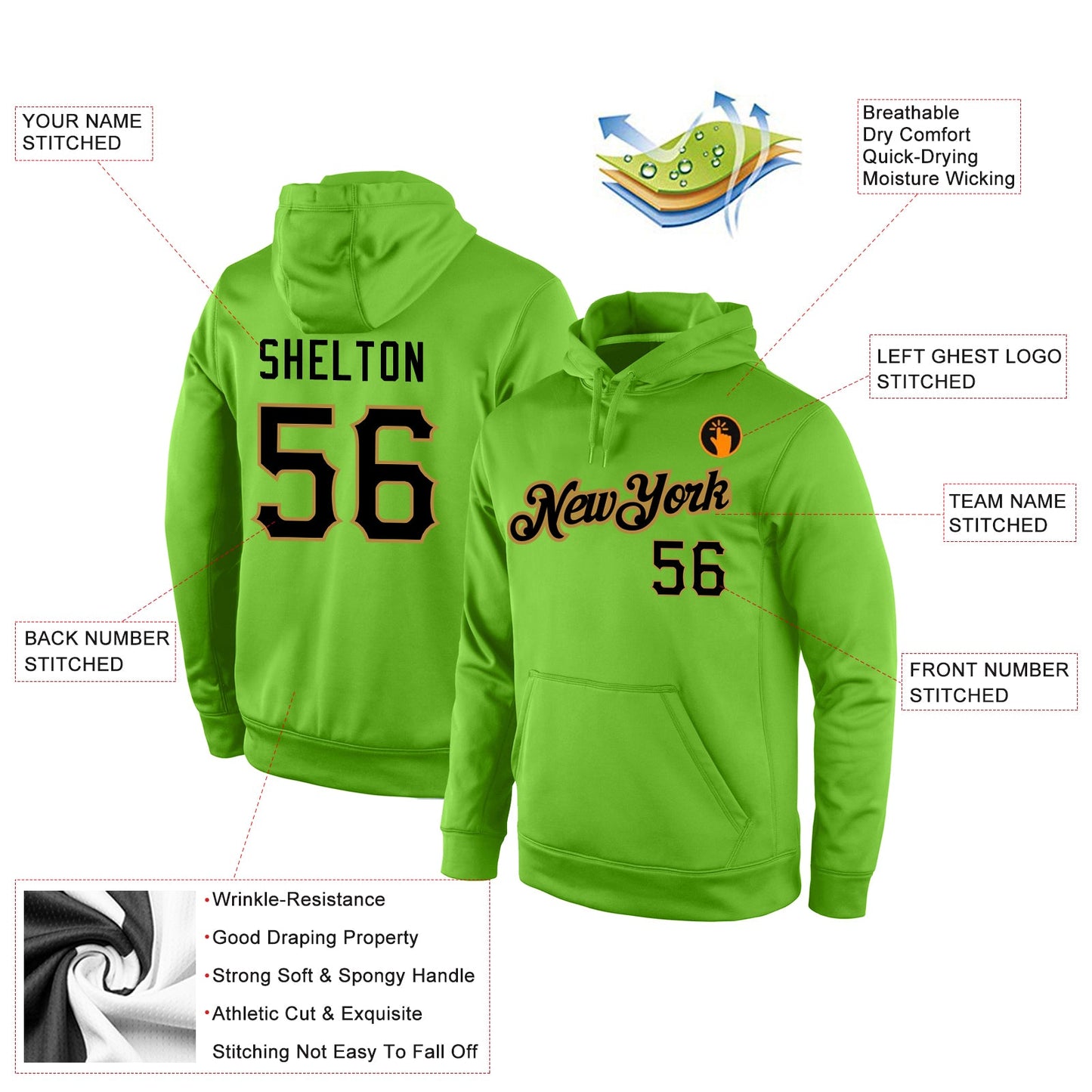 Custom Stitched Neon Green Black-Old Gold Sports Pullover Sweatshirt Hoodie view 4