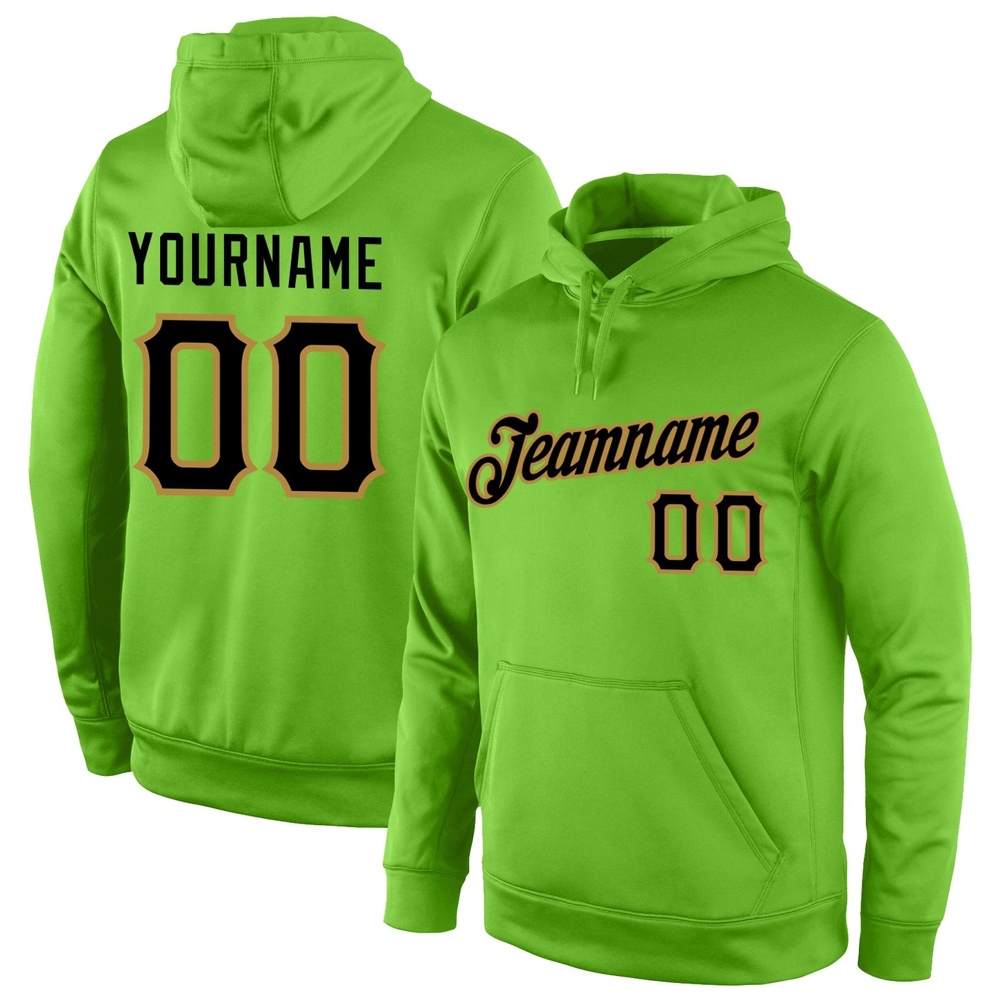 Custom Stitched Neon Green Black-Old Gold Sports Pullover Sweatshirt Hoodie - Main View