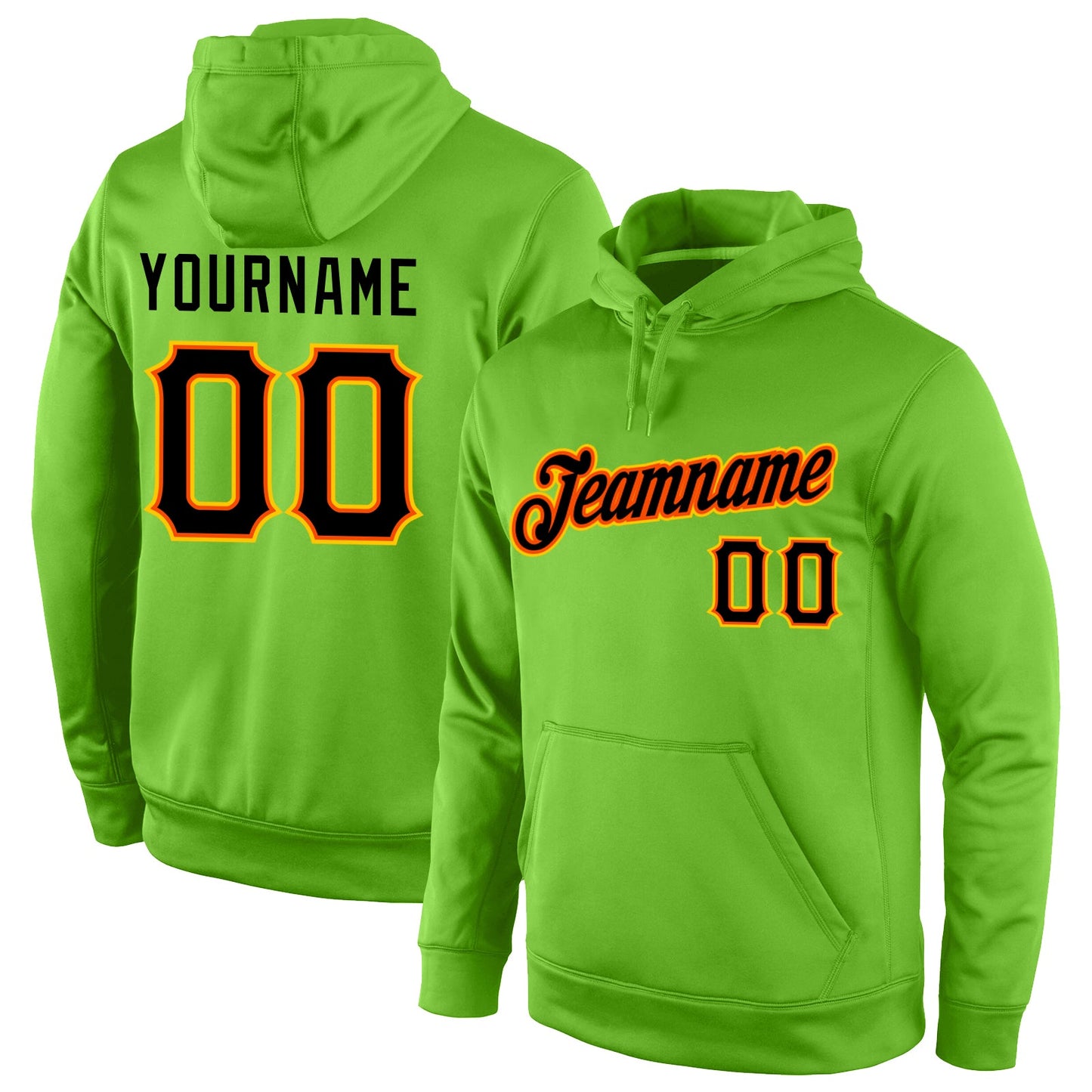 Custom Stitched Neon Green Black-Orange Sports Pullover Sweatshirt Hoodie - Main View