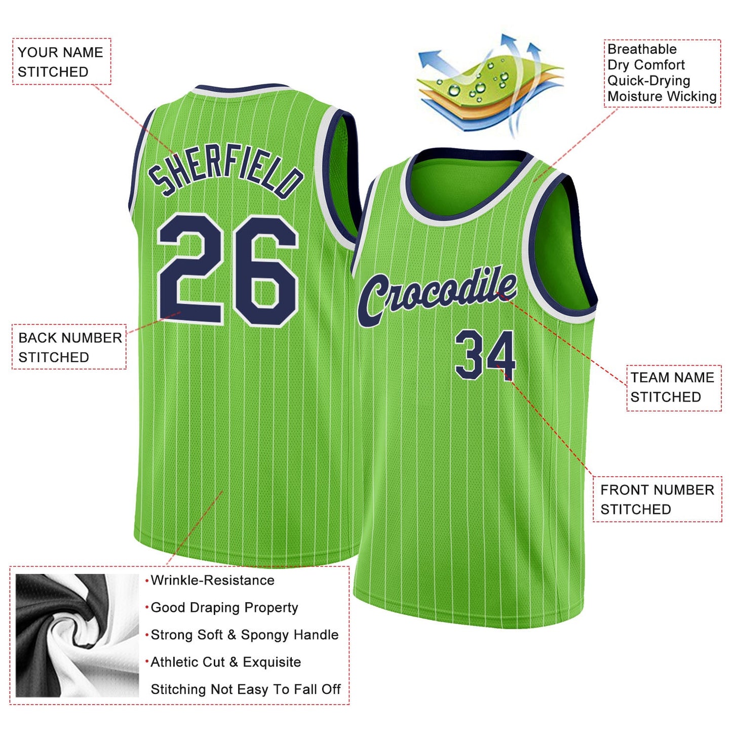 Custom Neon Green White Pinstripe Navy-White Authentic Basketball Jersey view 2