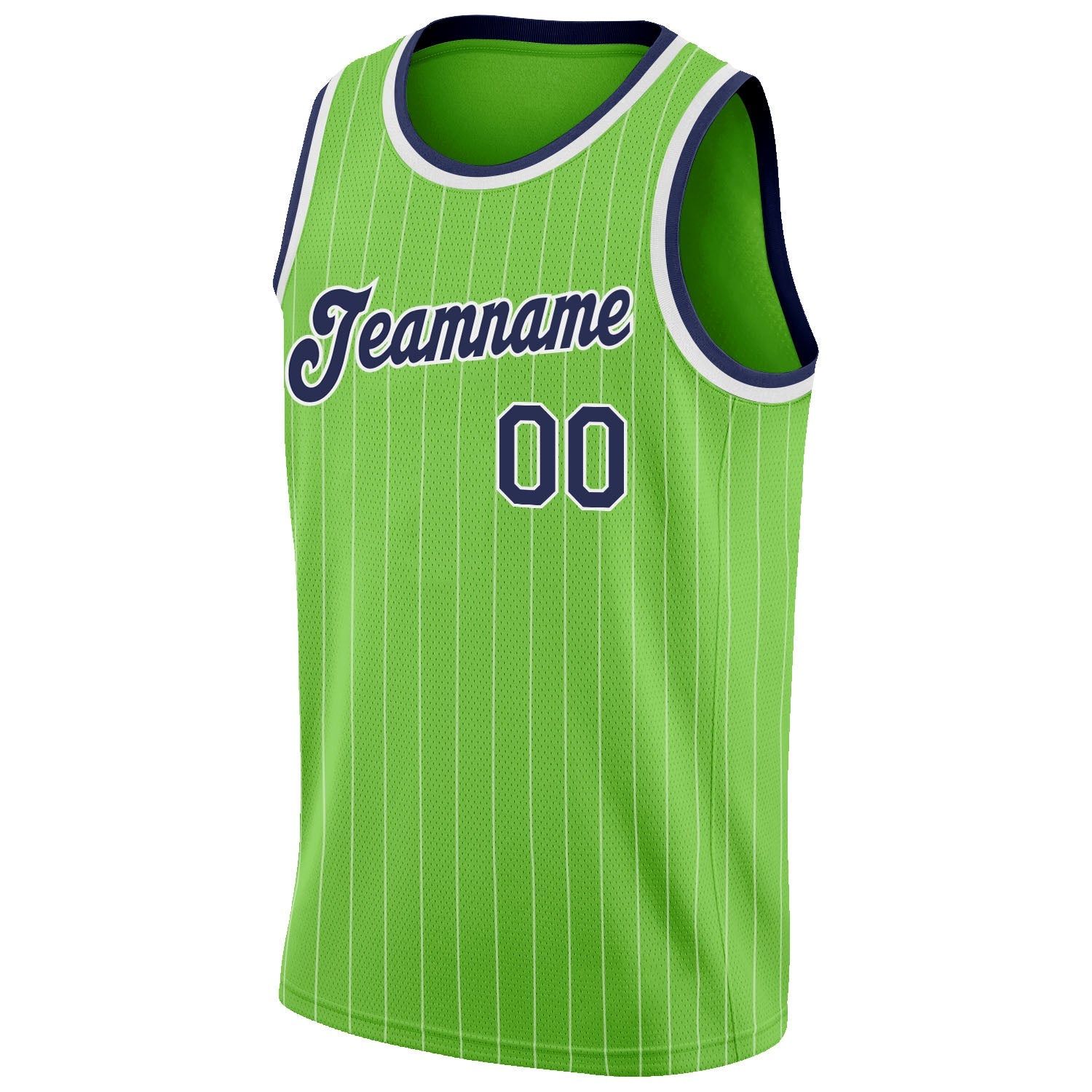 Custom Neon Green White Pinstripe Navy-White Authentic Basketball Jersey view 5
