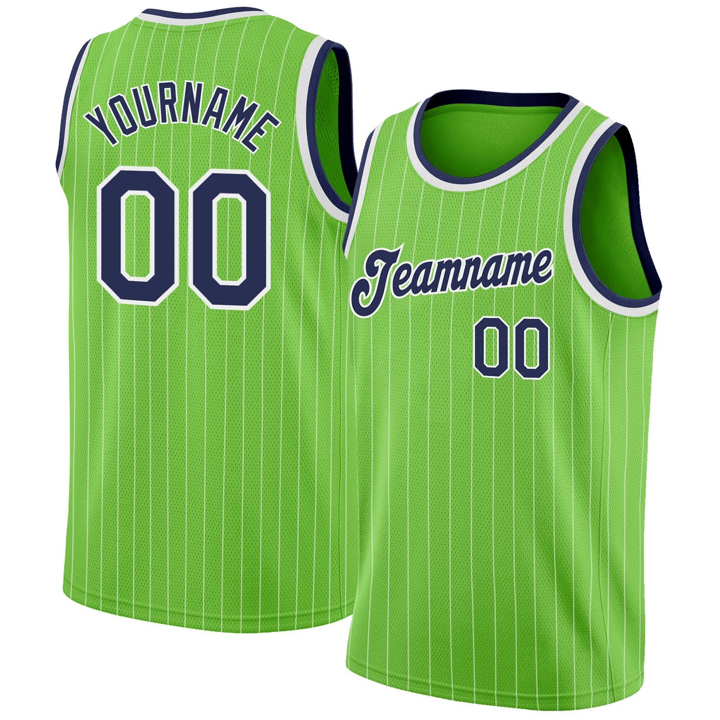 Custom Neon Green White Pinstripe Navy-White Authentic Basketball Jersey - Main View