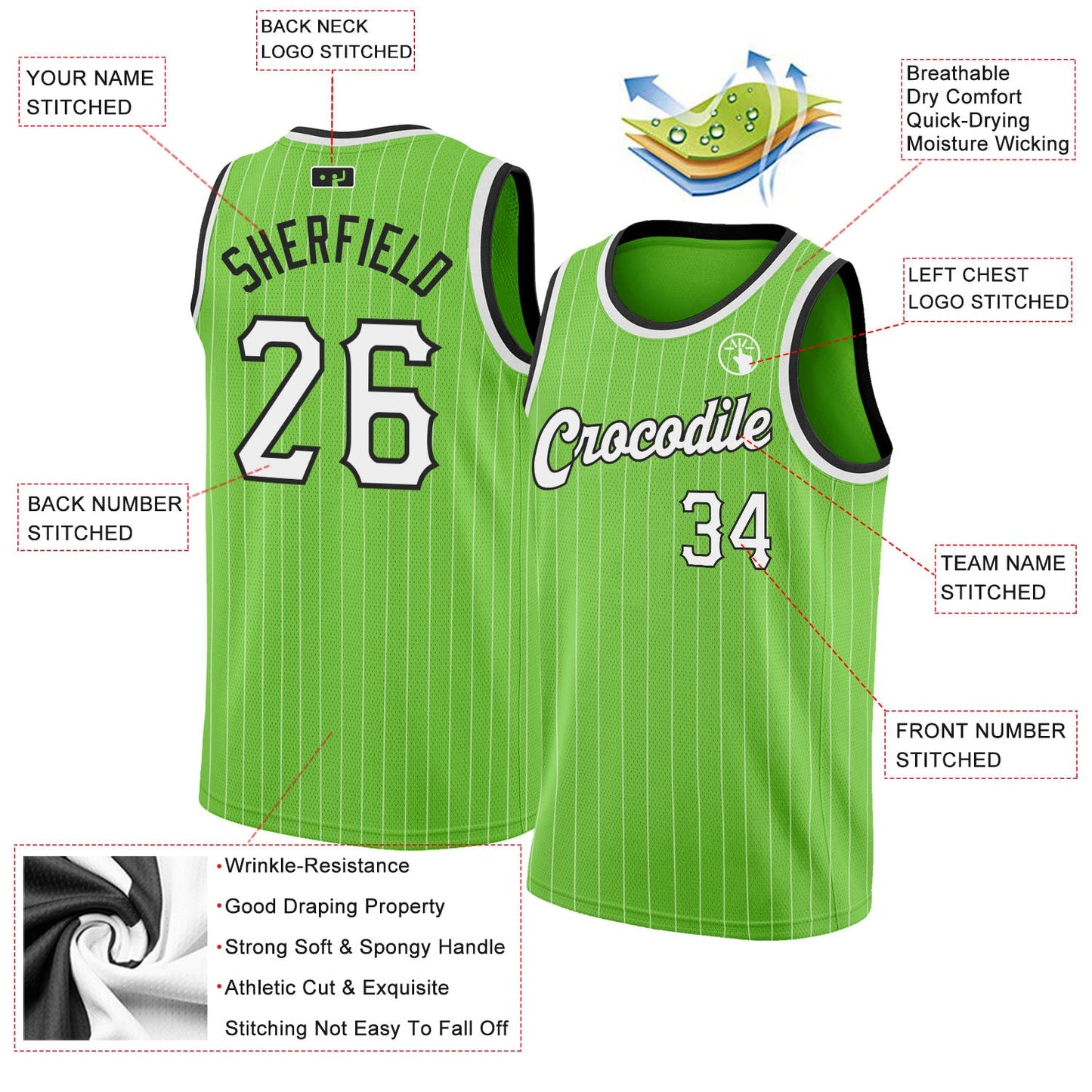 Custom Neon Green White Pinstripe White-Black Authentic Basketball Jersey view 2