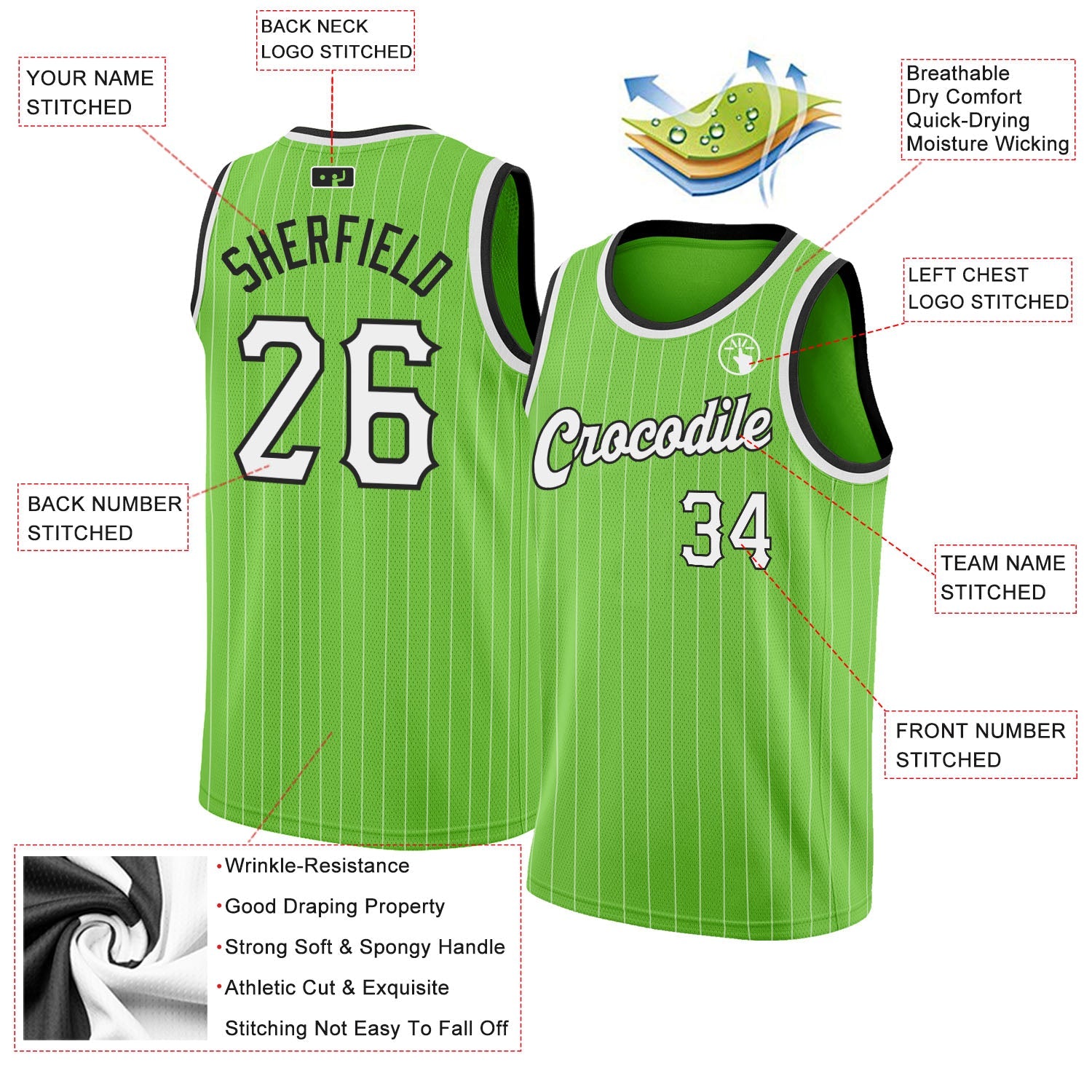 Custom Neon Green White Pinstripe White-Black Authentic Basketball Jersey view 2