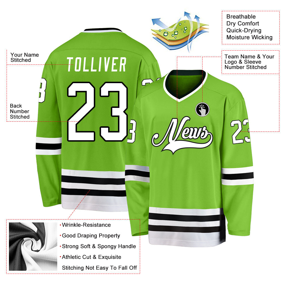 Custom Neon Green White-Black Hockey Jersey view 4