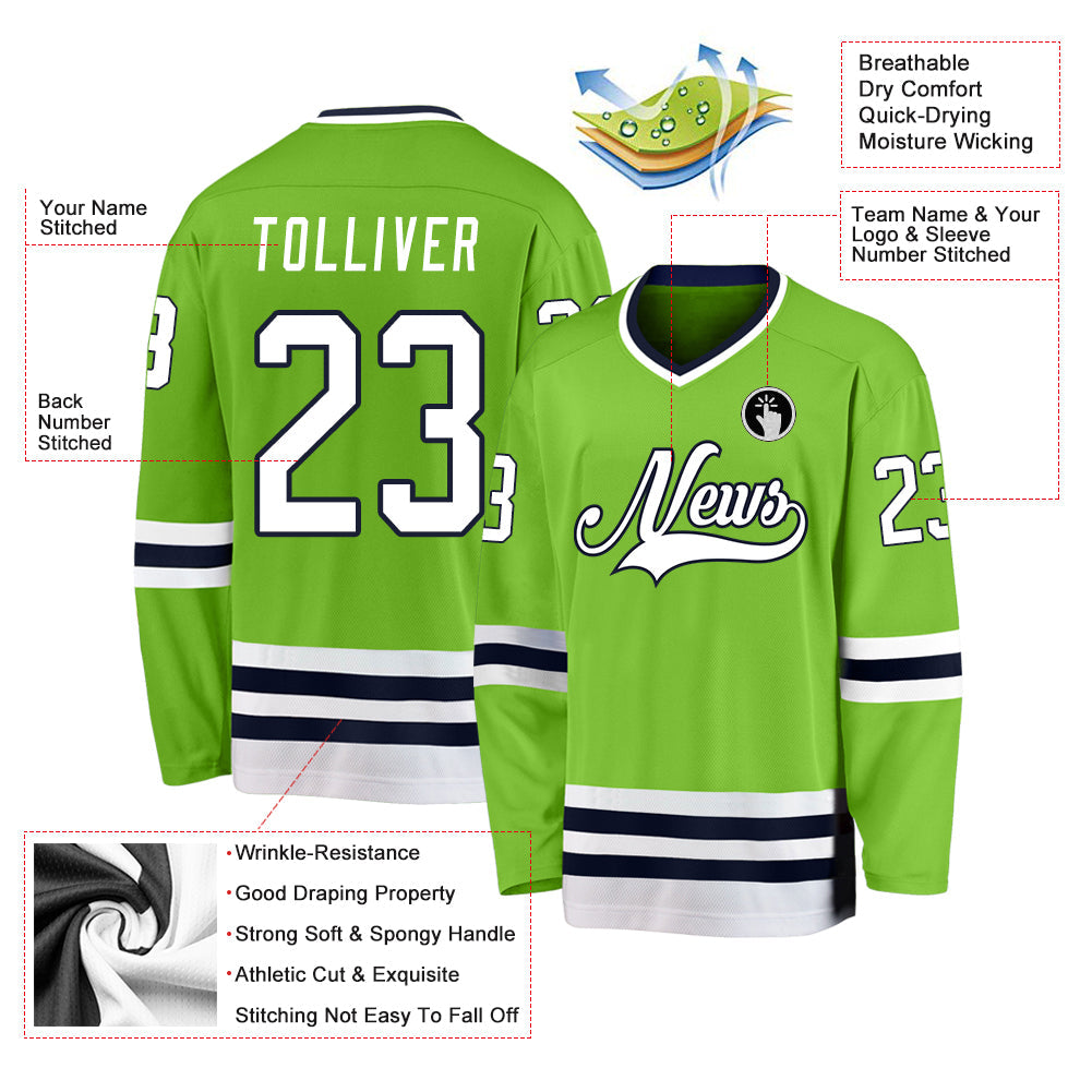 Custom Neon Green White-Navy Hockey Jersey view 4