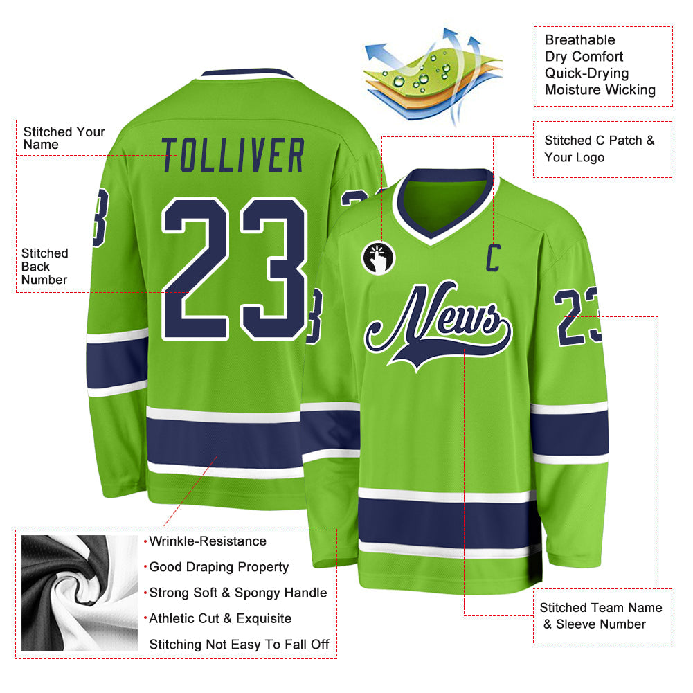 Custom Neon Green Navy-White Hockey Jersey view 2