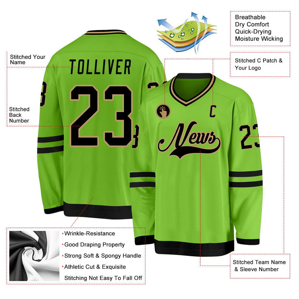 Custom Neon Green Black-Old Gold Hockey Jersey view 2