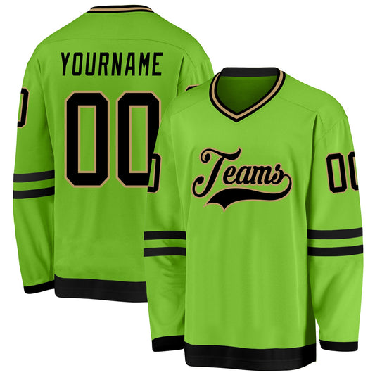 Custom Neon Green Black-Old Gold Hockey Jersey - Main View