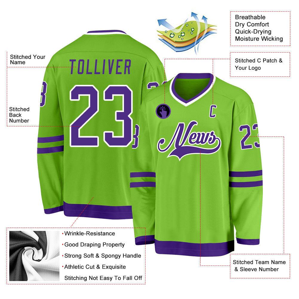 Custom Neon Green Purple-White Hockey Jersey view 2
