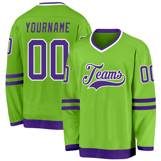 Custom Neon Green Purple-White Hockey Jersey - Main View