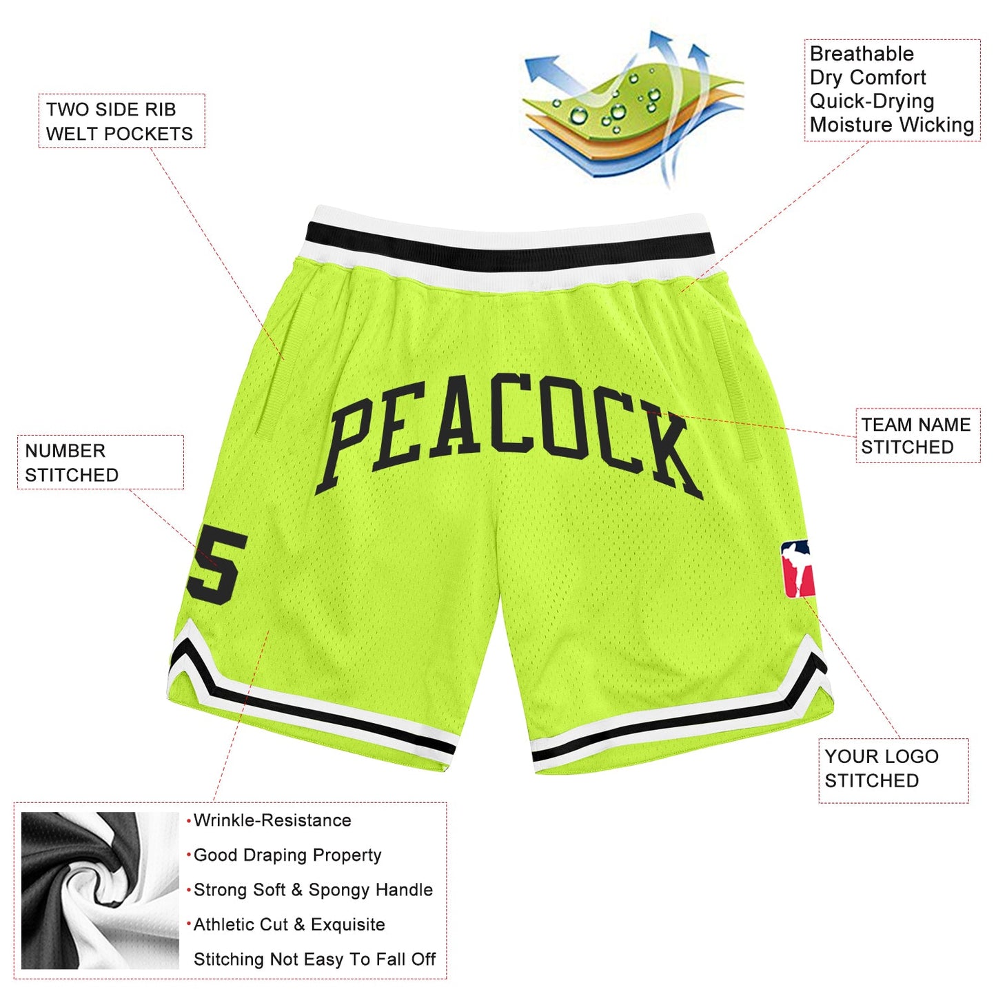 Custom Neon Green Black-White Authentic Throwback Basketball Shorts view 2