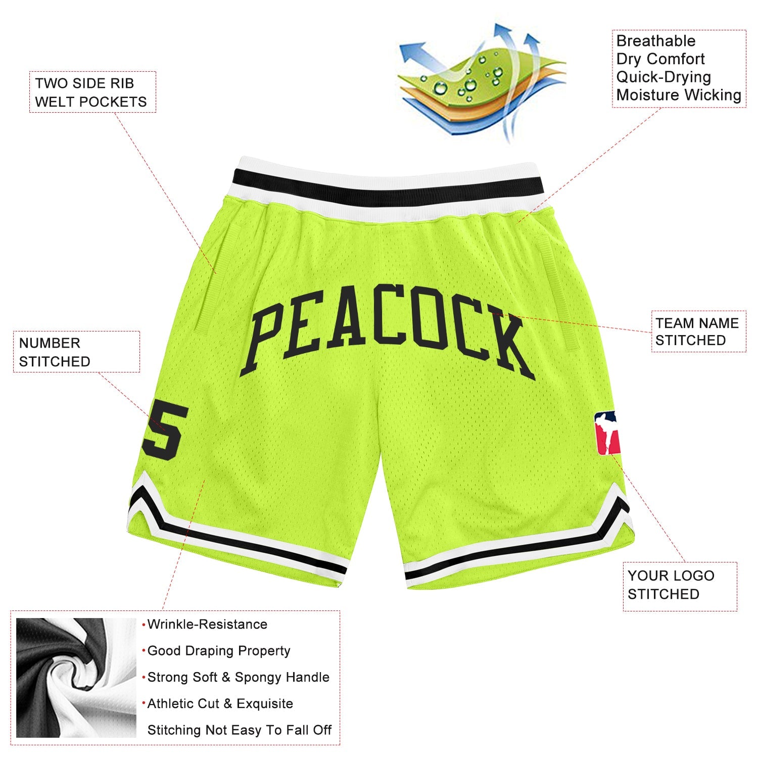 Custom Neon Green Black-White Authentic Throwback Basketball Shorts view 2