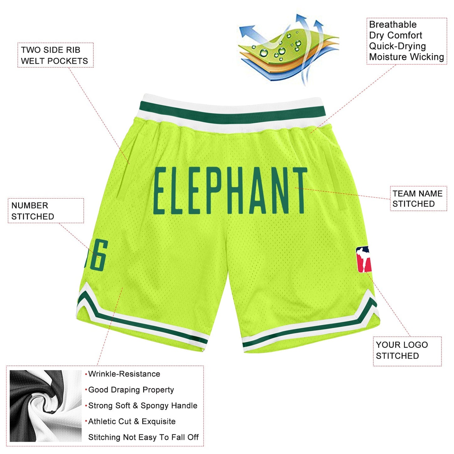 Custom Neon Green Kelly Green-White Authentic Throwback Basketball Shorts view 2