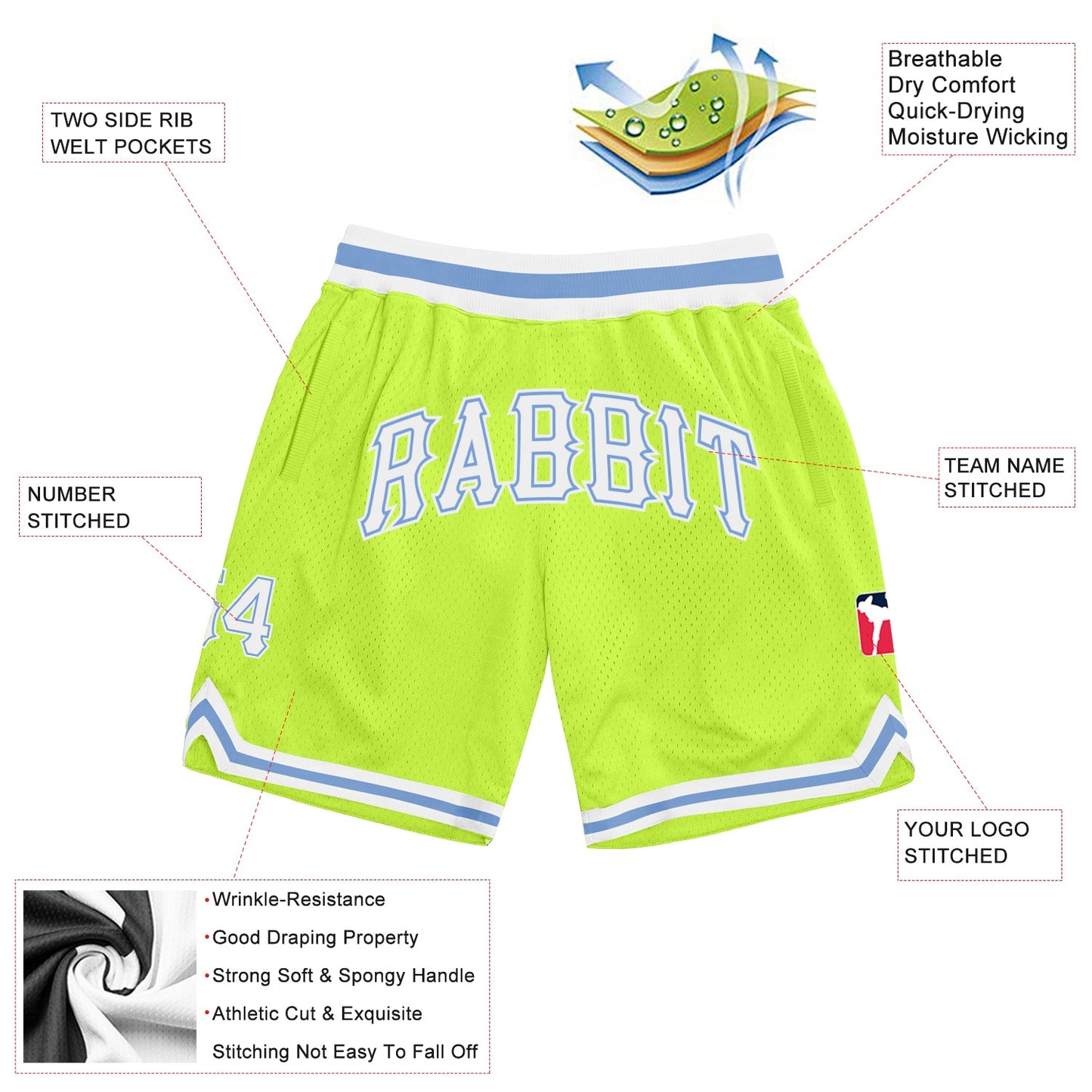 Custom Neon Green White-Light Blue Authentic Throwback Basketball Shorts view 2