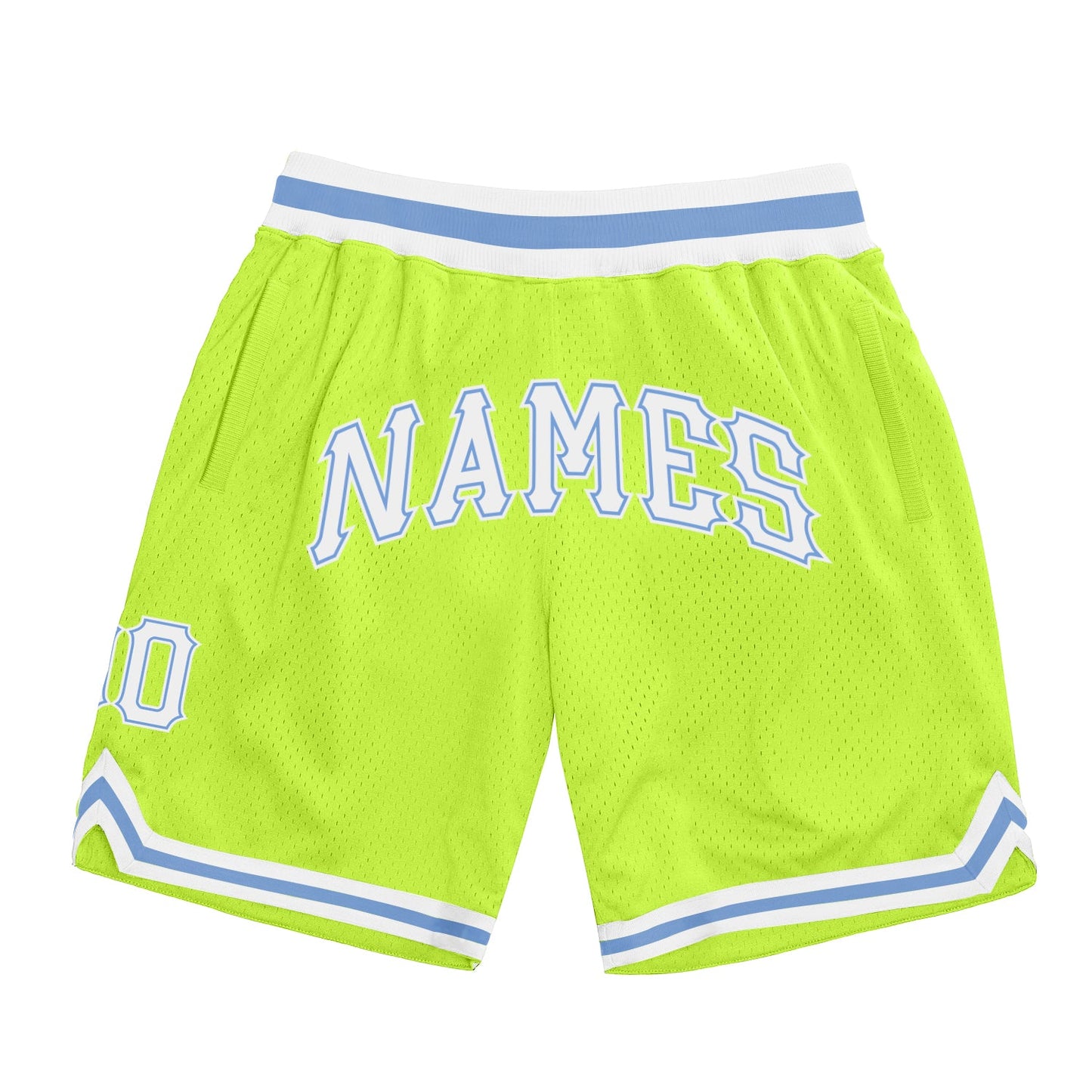 Custom Neon Green White-Light Blue Authentic Throwback Basketball Shorts - Main View