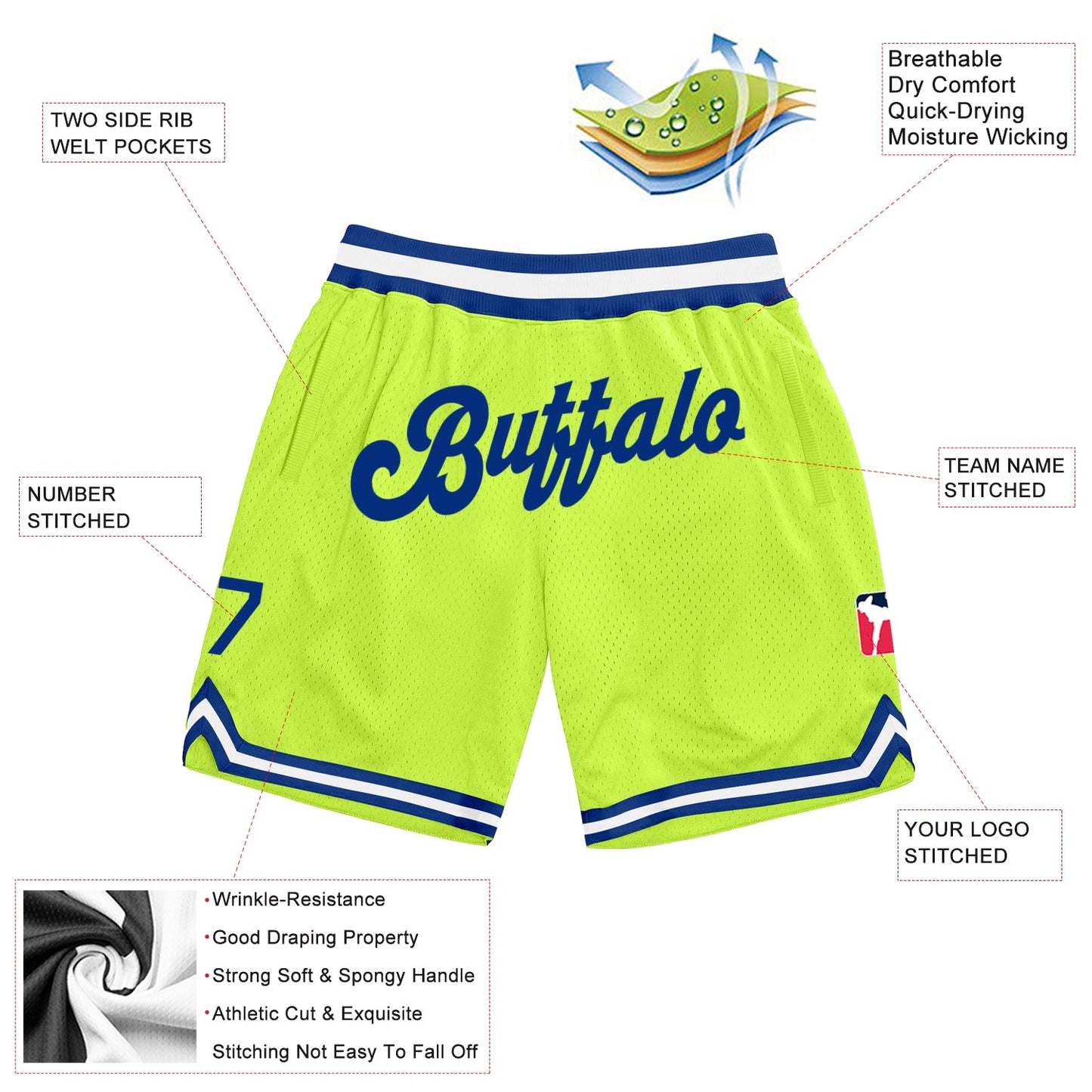 Custom Neon Green Royal-White Authentic Throwback Basketball Shorts view 2