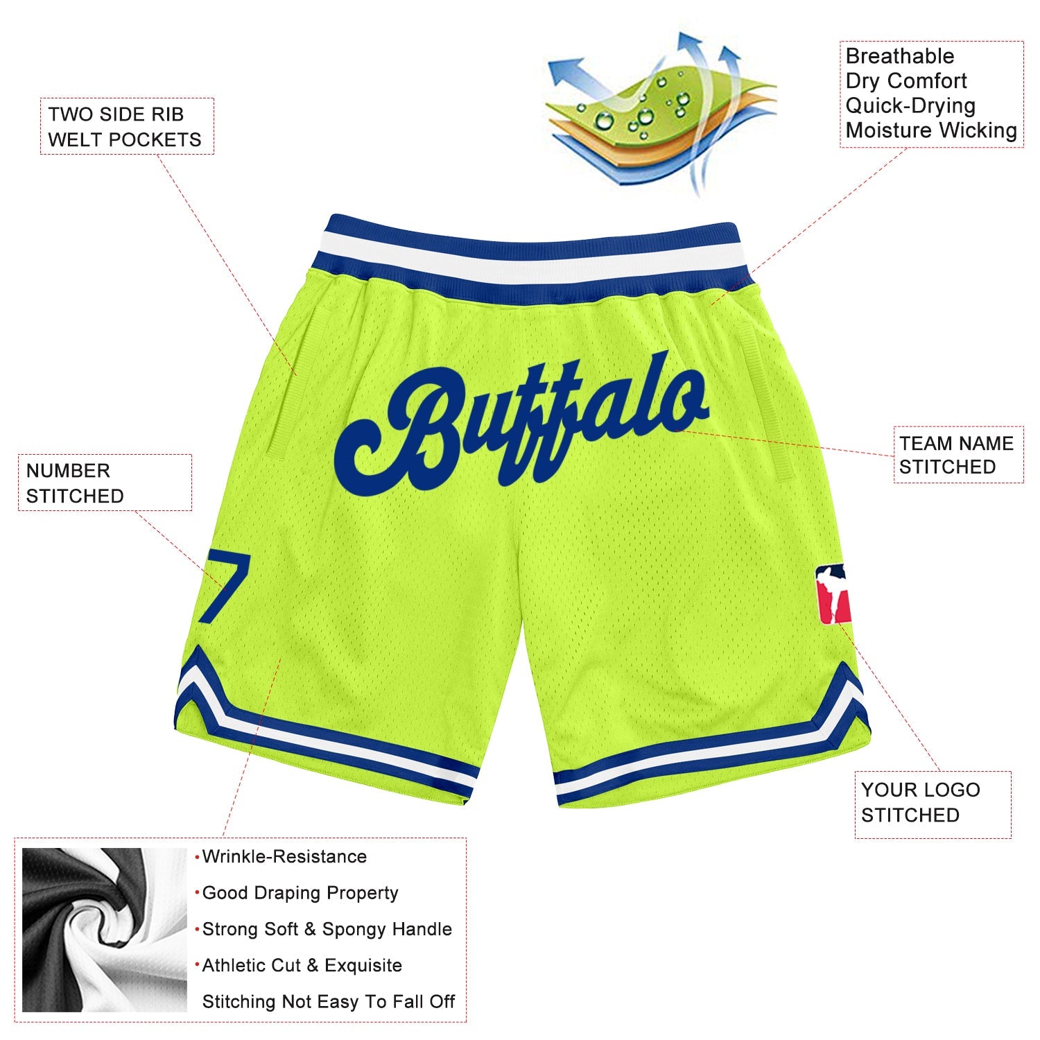 Custom Neon Green Royal-White Authentic Throwback Basketball Shorts view 2