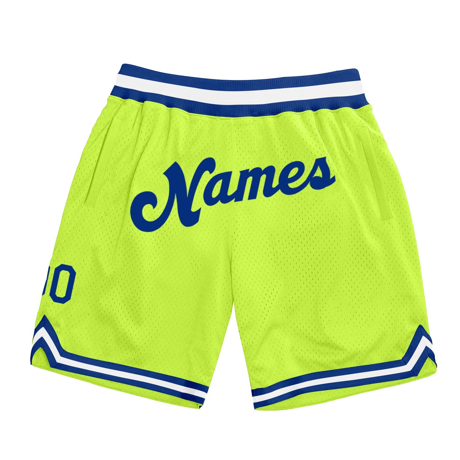 Custom Neon Green Royal-White Authentic Throwback Basketball Shorts - Main View