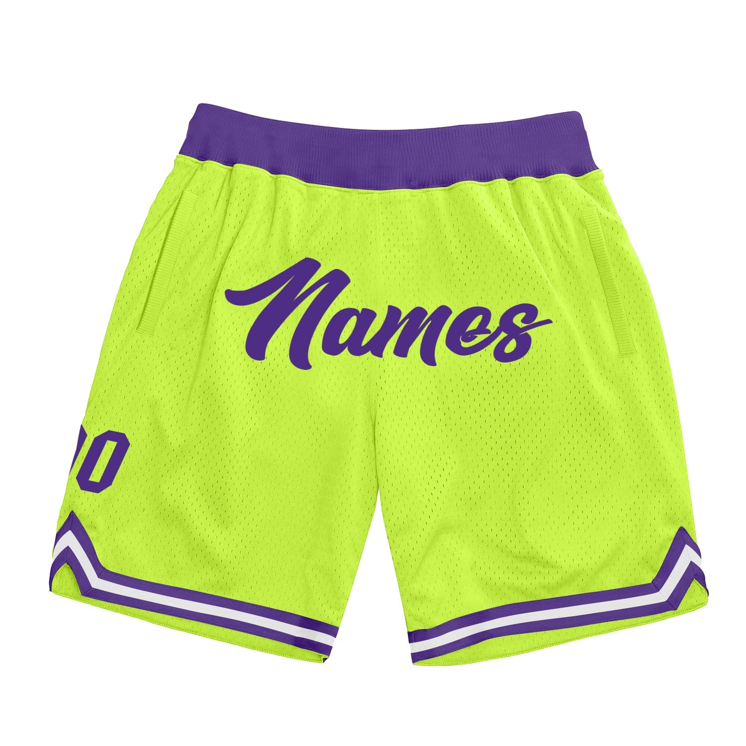 Custom Neon Green Purple-White Authentic Throwback Basketball Shorts - Main View