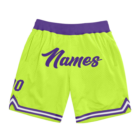 Custom Neon Green Purple-White Authentic Throwback Basketball Shorts - Main View