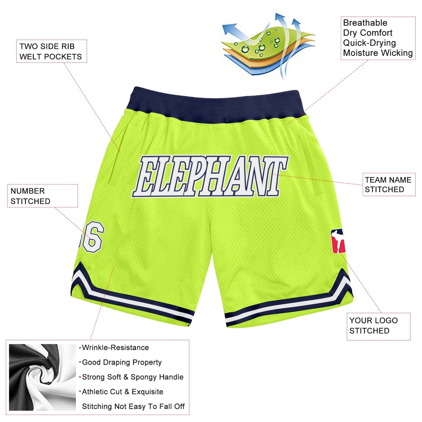 Custom Neon Green White-Navy Authentic Throwback Basketball Shorts view 2