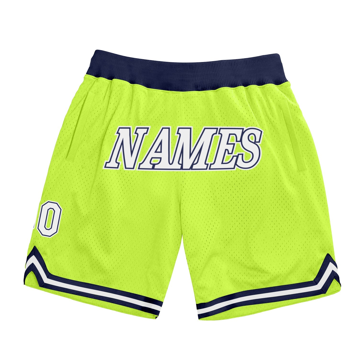 Custom Neon Green White-Navy Authentic Throwback Basketball Shorts - Main View