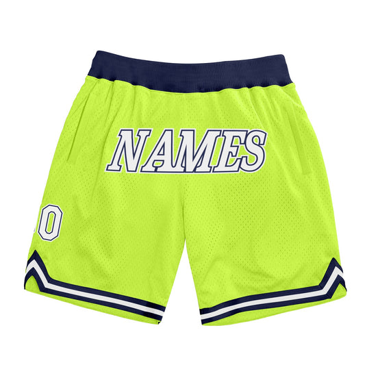 Custom Neon Green White-Navy Authentic Throwback Basketball Shorts - Main View