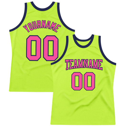 Custom Neon Green Pink-Navy Authentic Throwback Basketball Jersey - Main View