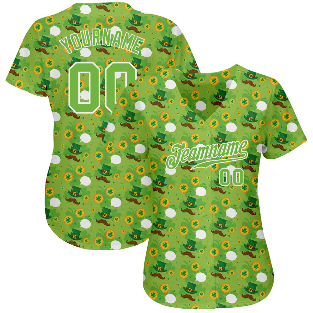 Custom Neon Green Brown-Gold 3D Pattern Design Authentic St. Patrick's Day Baseball Jersey view 2