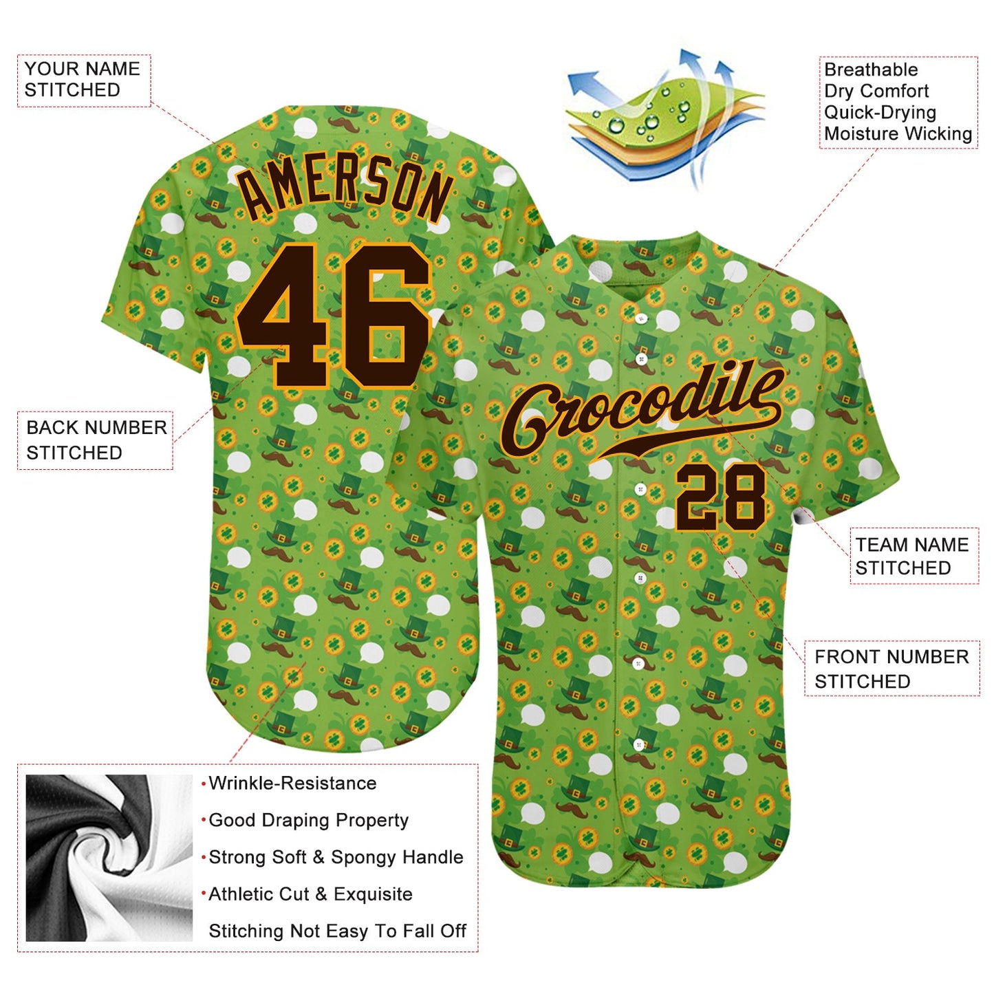 Custom Neon Green Brown-Gold 3D Pattern Design Authentic St. Patrick's Day Baseball Jersey view 3