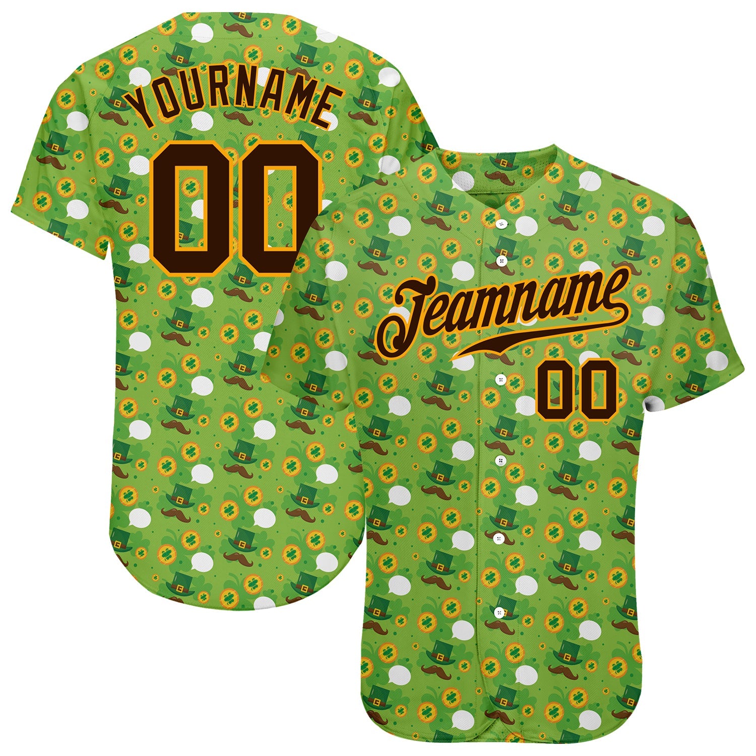 Custom Neon Green Brown-Gold 3D Pattern Design Authentic St. Patrick's Day Baseball Jersey - Main View