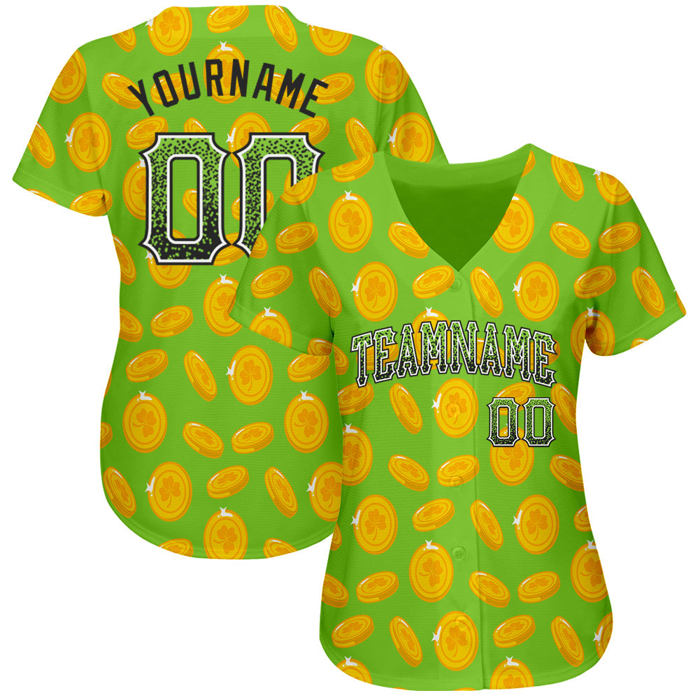Custom Neon Green Black-White 3D Pattern Design Authentic St Patricks Day Drift Fashion Baseball Jersey view 2