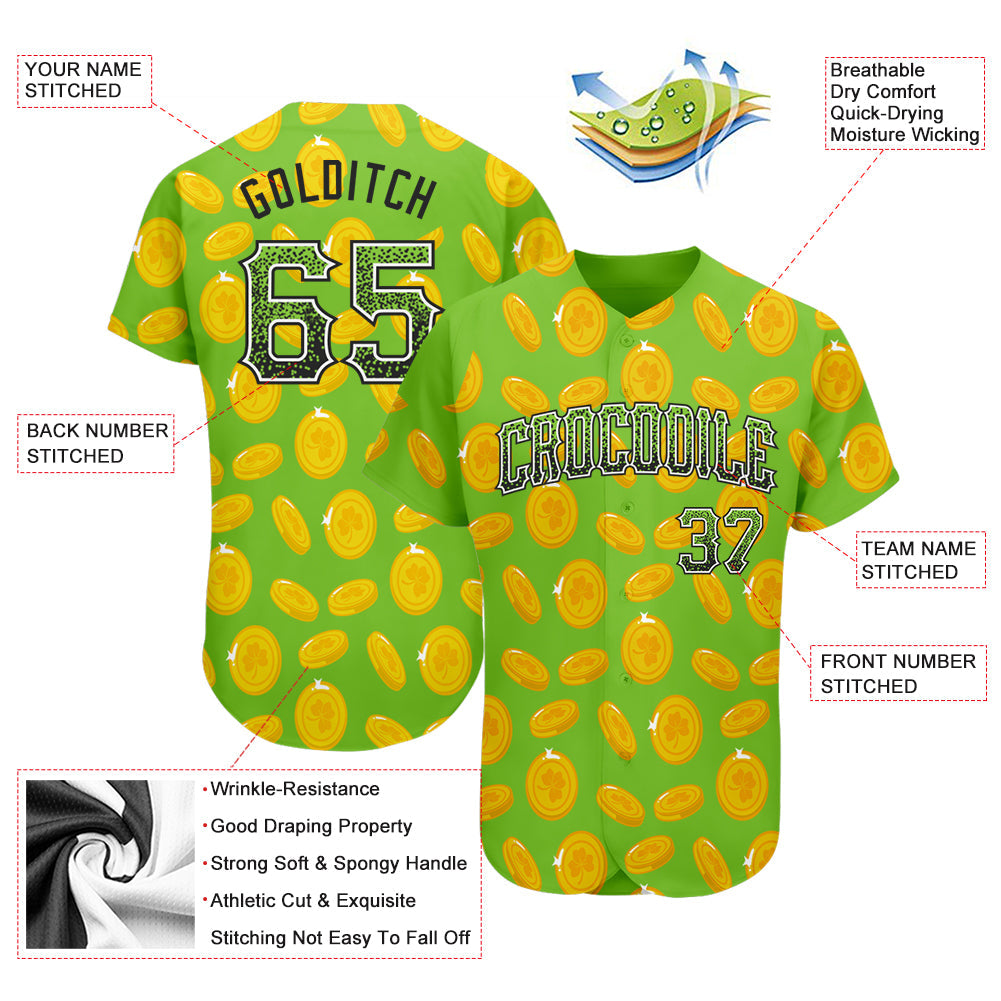 Custom Neon Green Black-White 3D Pattern Design Authentic St Patricks Day Drift Fashion Baseball Jersey view 3