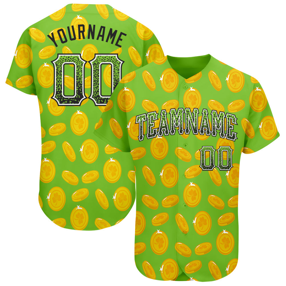 Custom Neon Green Black-White 3D Pattern Design Authentic St Patricks Day Drift Fashion Baseball Jersey - Main View