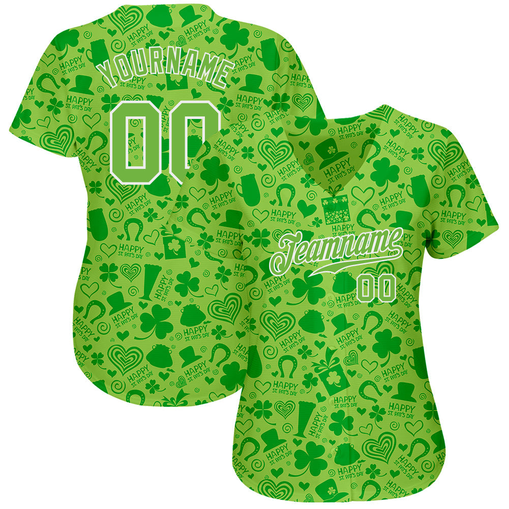 Custom Neon Green Neon Green-White 3D Pattern Design Authentic St. Patrick's Day Baseball Jersey view 2