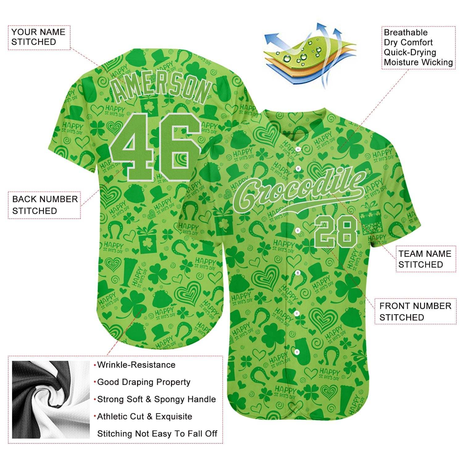 Custom Neon Green Neon Green-White 3D Pattern Design Authentic St. Patrick's Day Baseball Jersey view 3