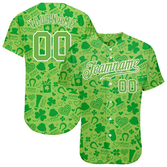 Custom Neon Green Neon Green-White 3D Pattern Design Authentic St. Patrick's Day Baseball Jersey - Main View
